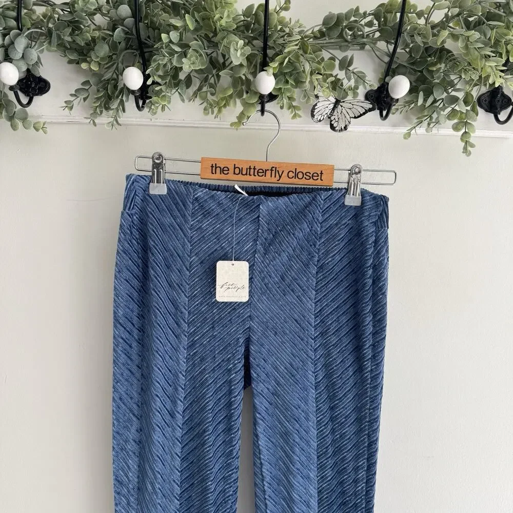 Free People Blue Velvet Eventide Flare Ribbed Pants New XS Elastic Waist TS